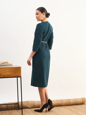 Emerald Green Sweetheart Neck Midi Dress With PU Belt-SASSAFRAS worklyf