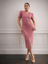 Pink V Neck Button Belt Midi dress-SASSAFRAS worklyf
