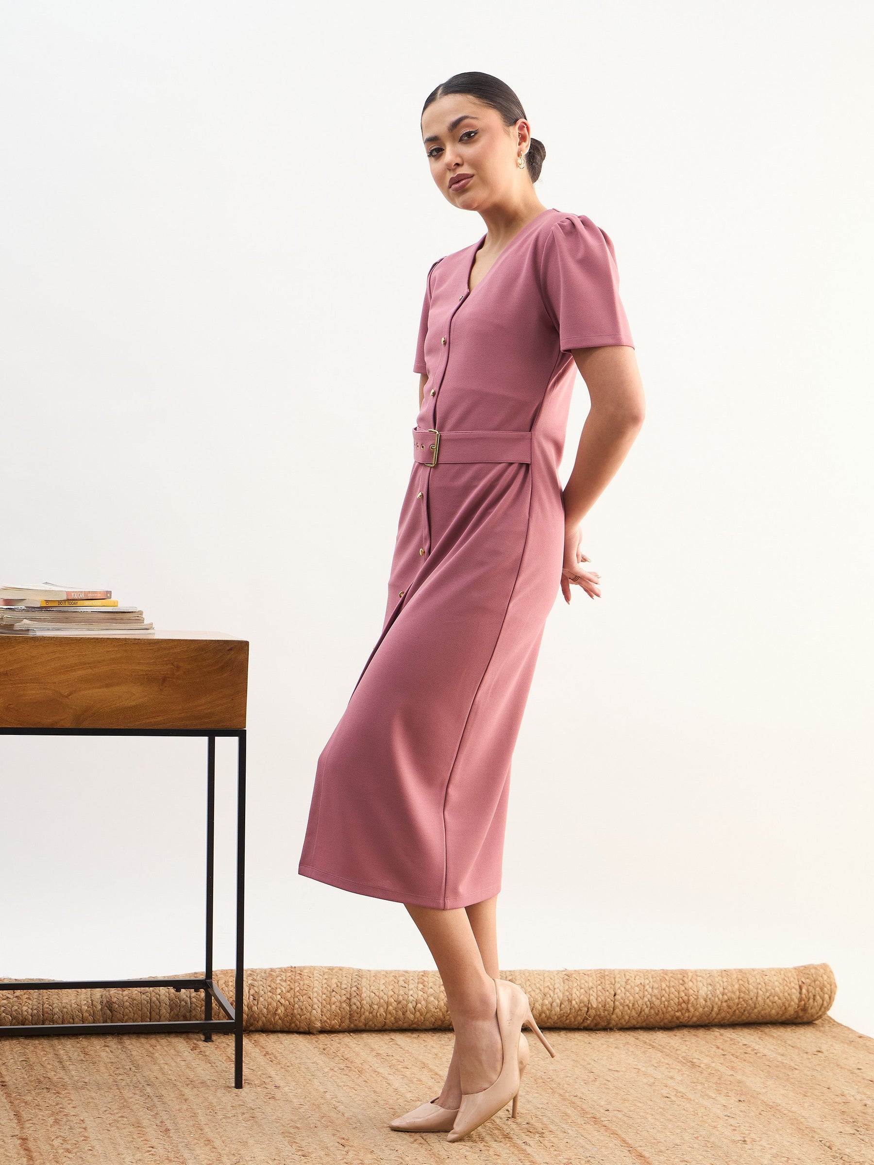 Pink V Neck Button Belt Midi dress-SASSAFRAS worklyf