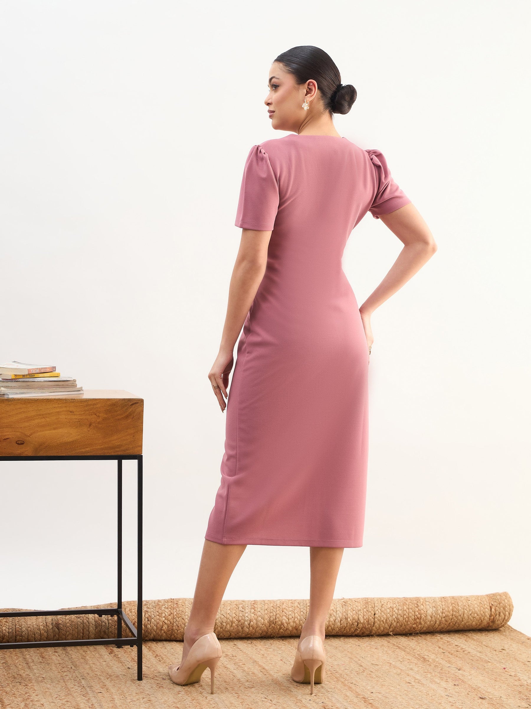 Pink V Neck Button Belt Midi dress-SASSAFRAS worklyf
