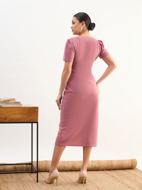 Pink V Neck Button Belt Midi dress-SASSAFRAS worklyf