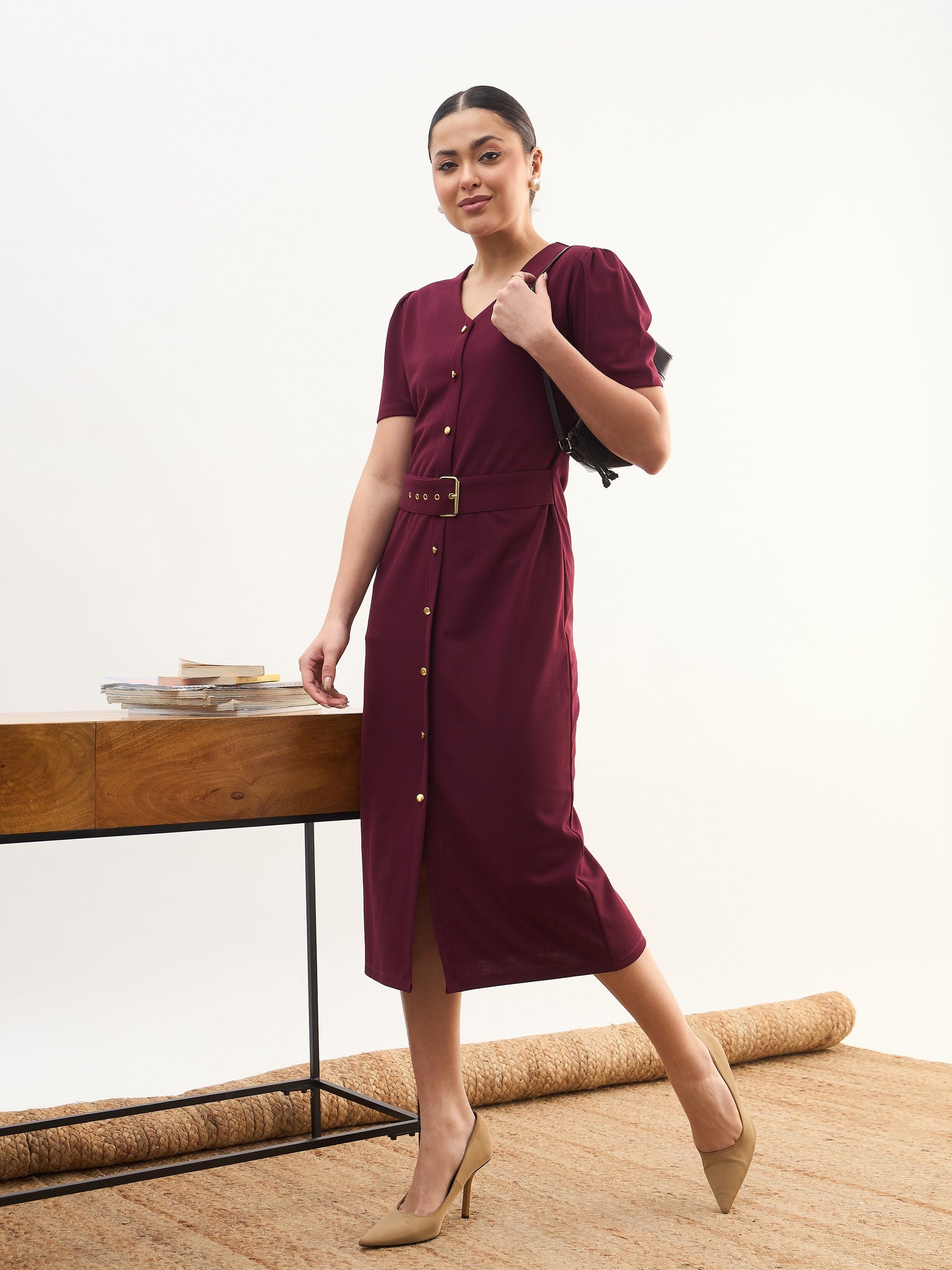 Maroon V Neck Button Belt Midi dress-SASSAFRAS worklyf