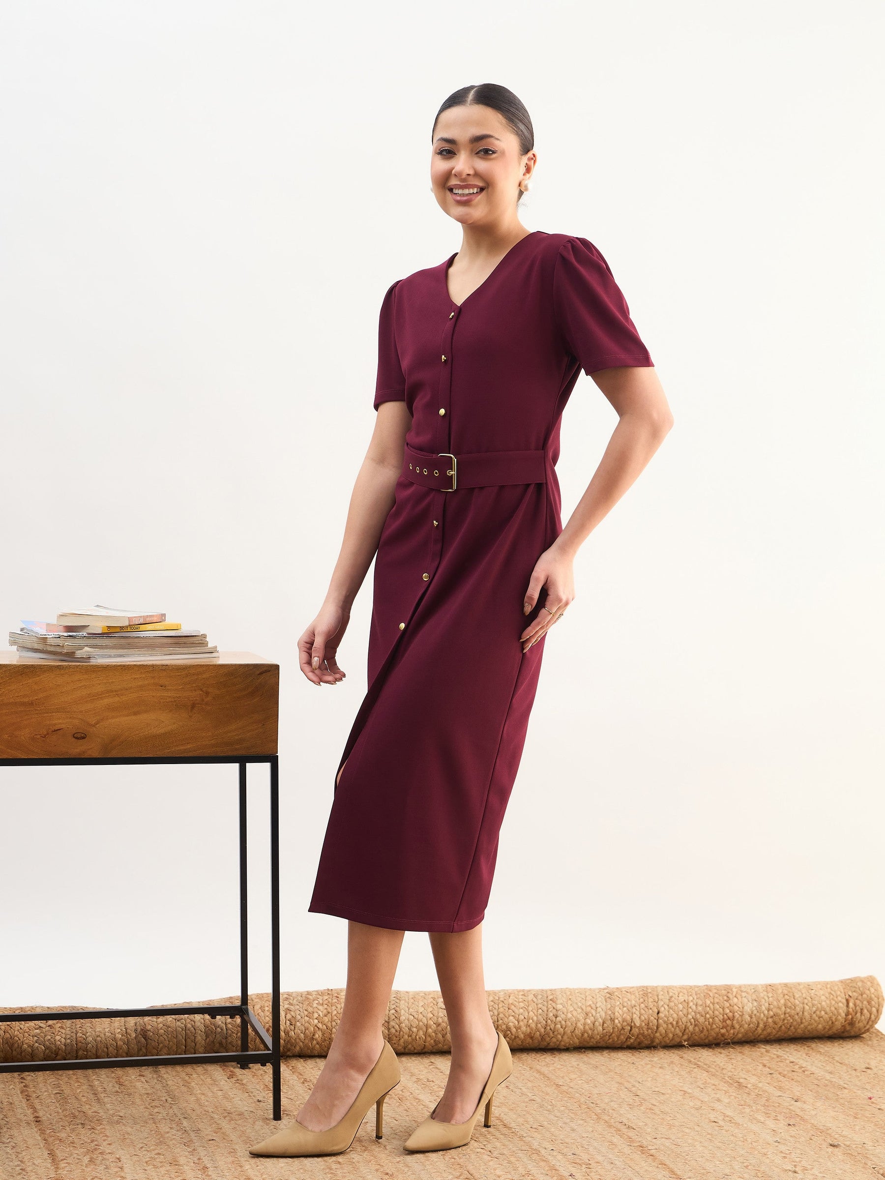 Maroon V Neck Button Belt Midi dress-SASSAFRAS worklyf