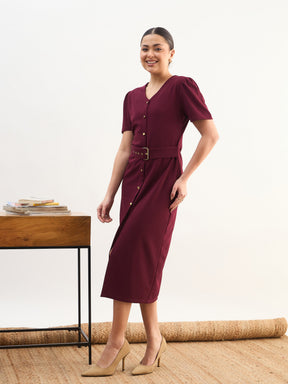 Maroon V Neck Button Belt Midi dress-SASSAFRAS worklyf