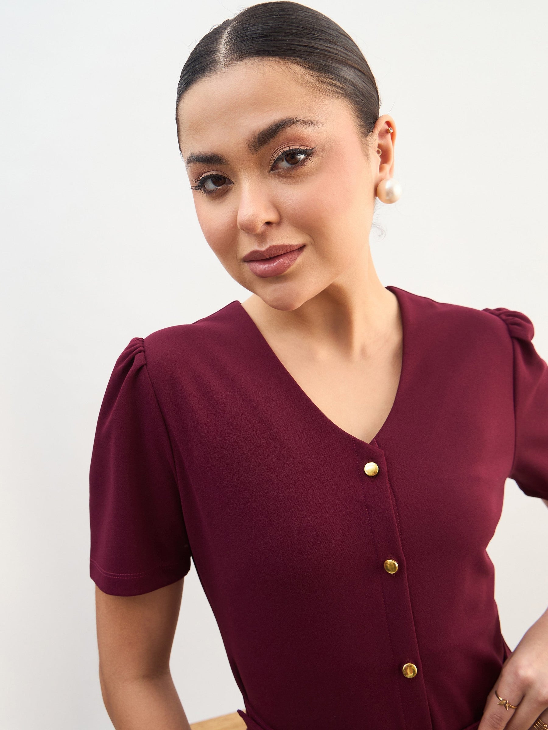 Maroon V Neck Button Belt Midi dress-SASSAFRAS worklyf