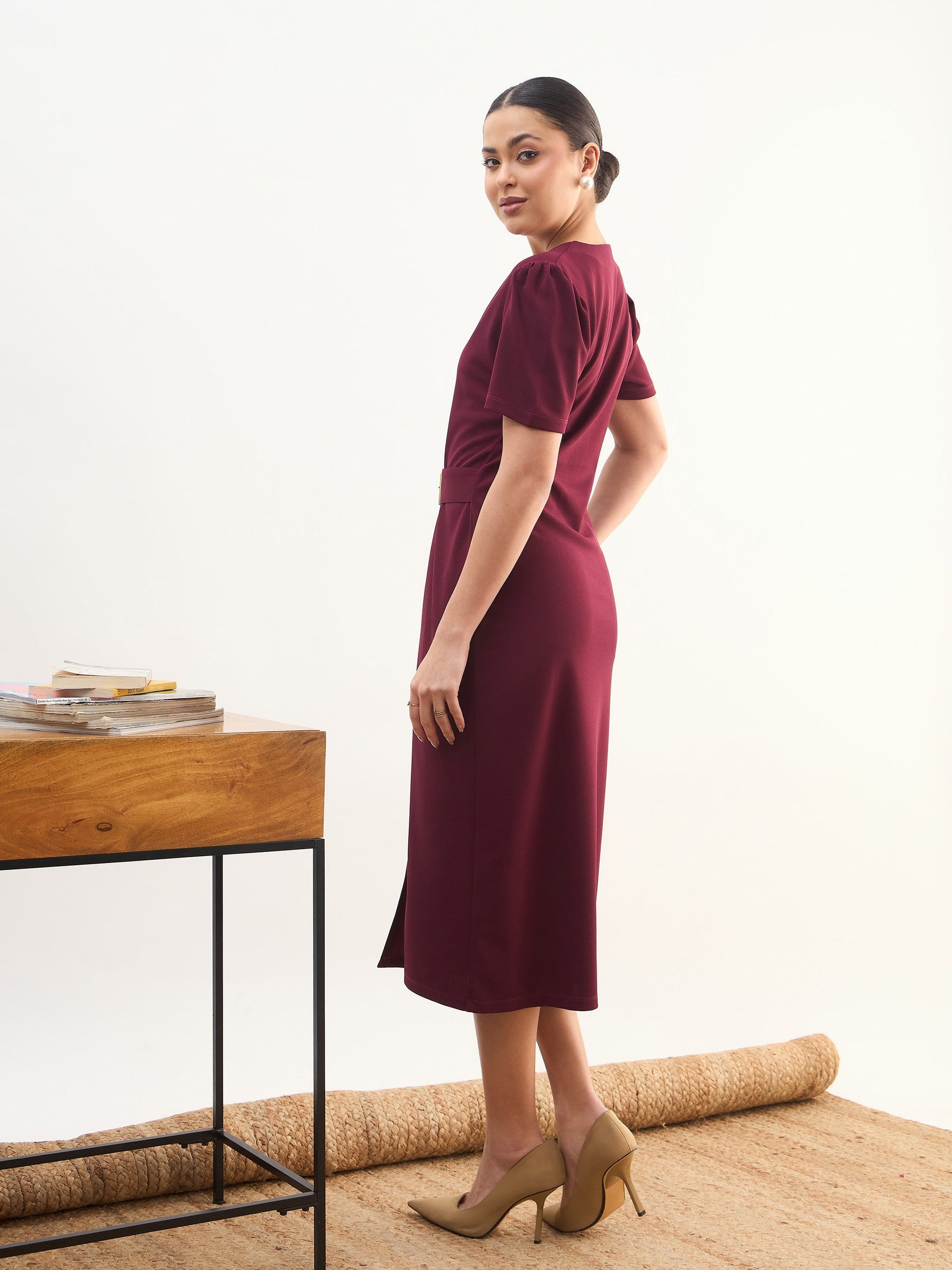 Maroon V Neck Button Belt Midi dress-SASSAFRAS worklyf