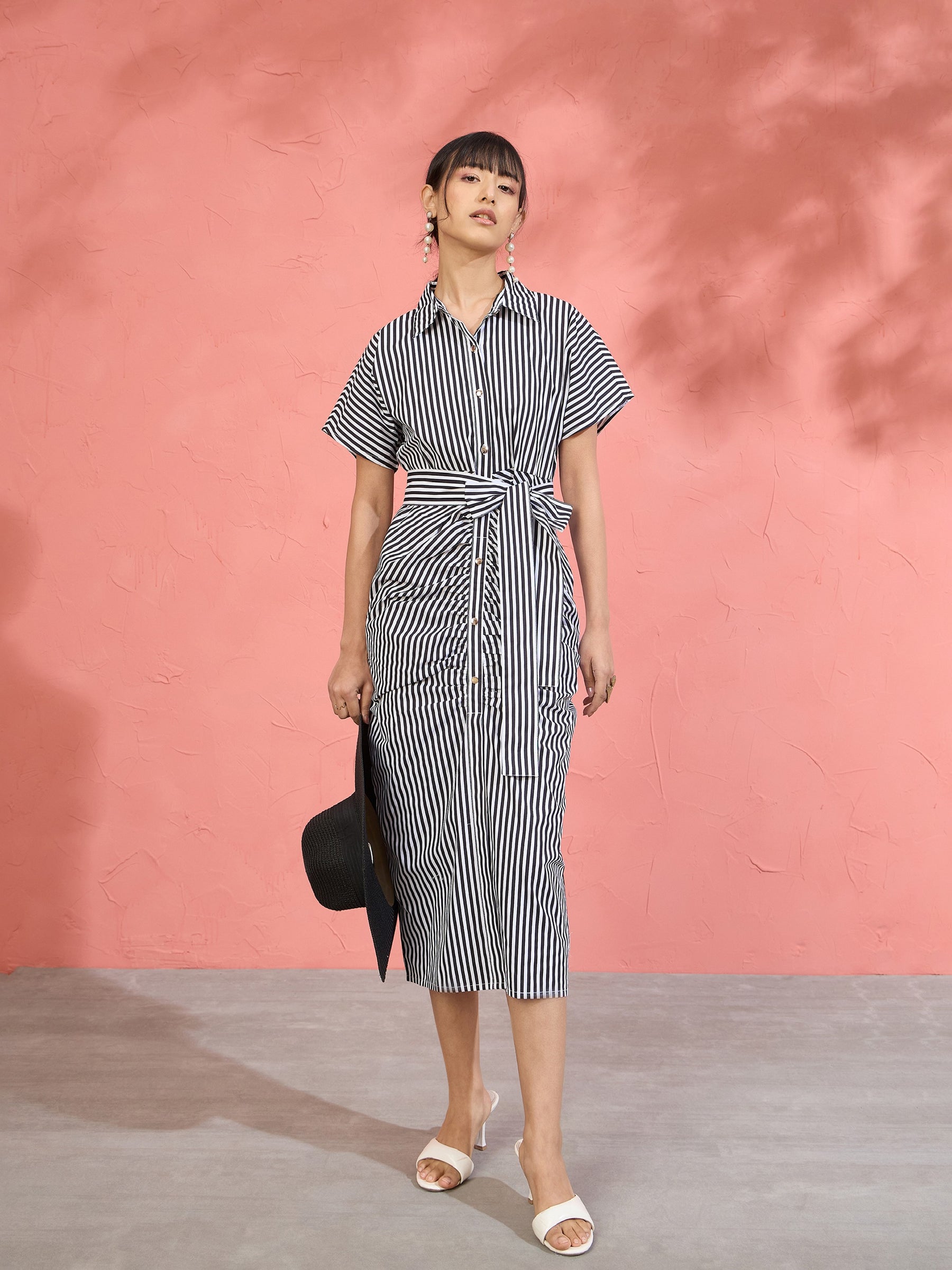Black & White Stripe Front Ruched Midi Dress-Pink Paprika by SASSAFRAS