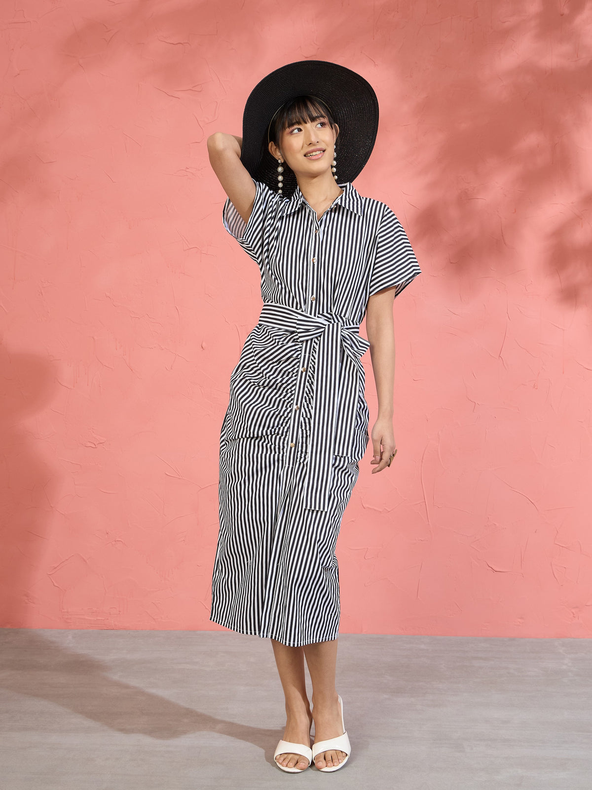 Black & White Stripe Front Ruched Midi Dress-Pink Paprika by SASSAFRAS