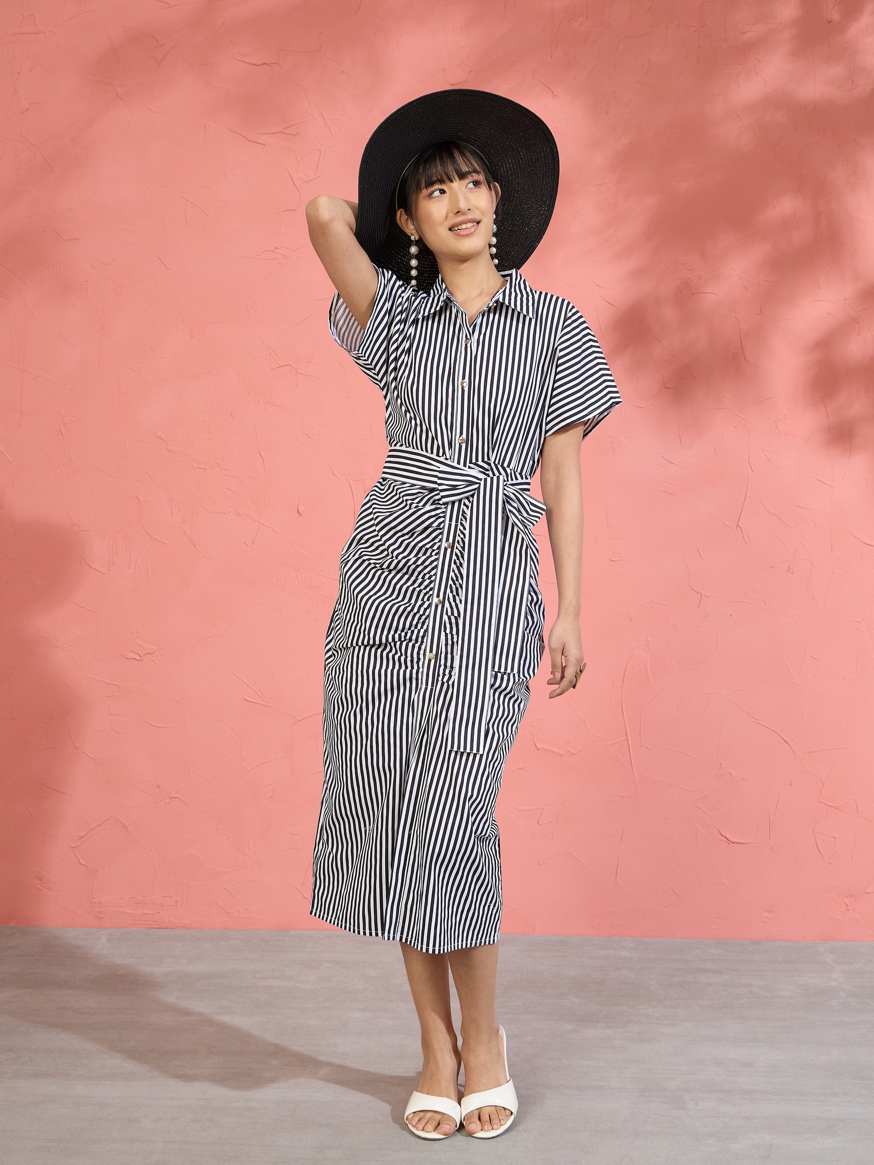 Black & White Stripe Front Ruched Midi Dress-Pink Paprika by SASSAFRAS