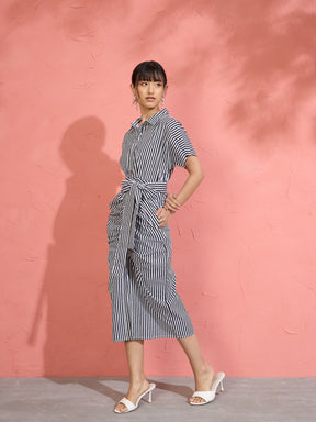 Black & White Stripe Front Ruched Midi Dress-Pink Paprika by SASSAFRAS