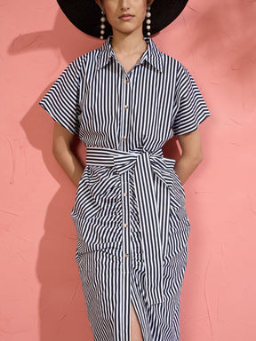 Black & White Stripe Front Ruched Midi Dress-Pink Paprika by SASSAFRAS