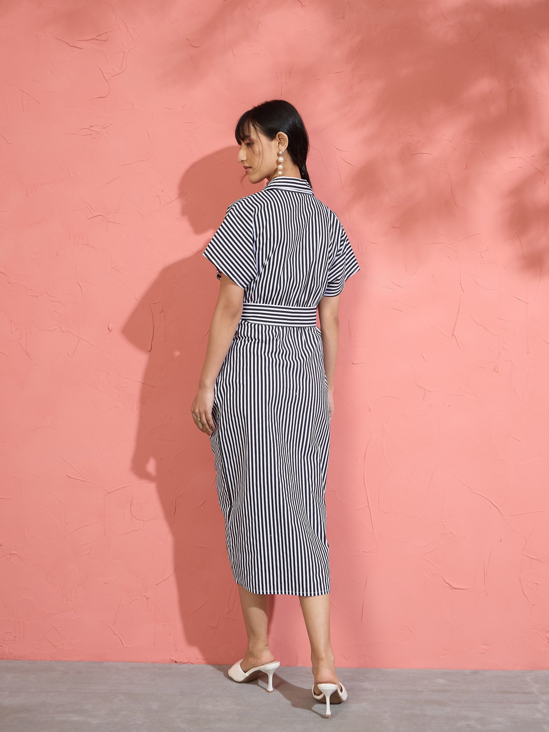 Black & White Stripe Front Ruched Midi Dress-Pink Paprika by SASSAFRAS