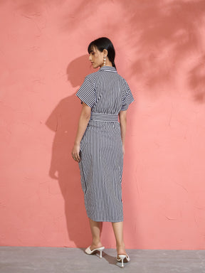 Black & White Stripe Front Ruched Midi Dress-Pink Paprika by SASSAFRAS