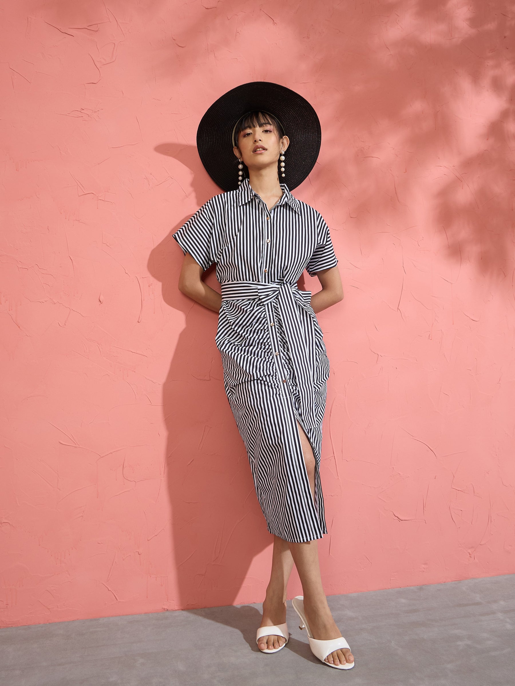 Women Black & White Stripe Front Ruched Midi Dress