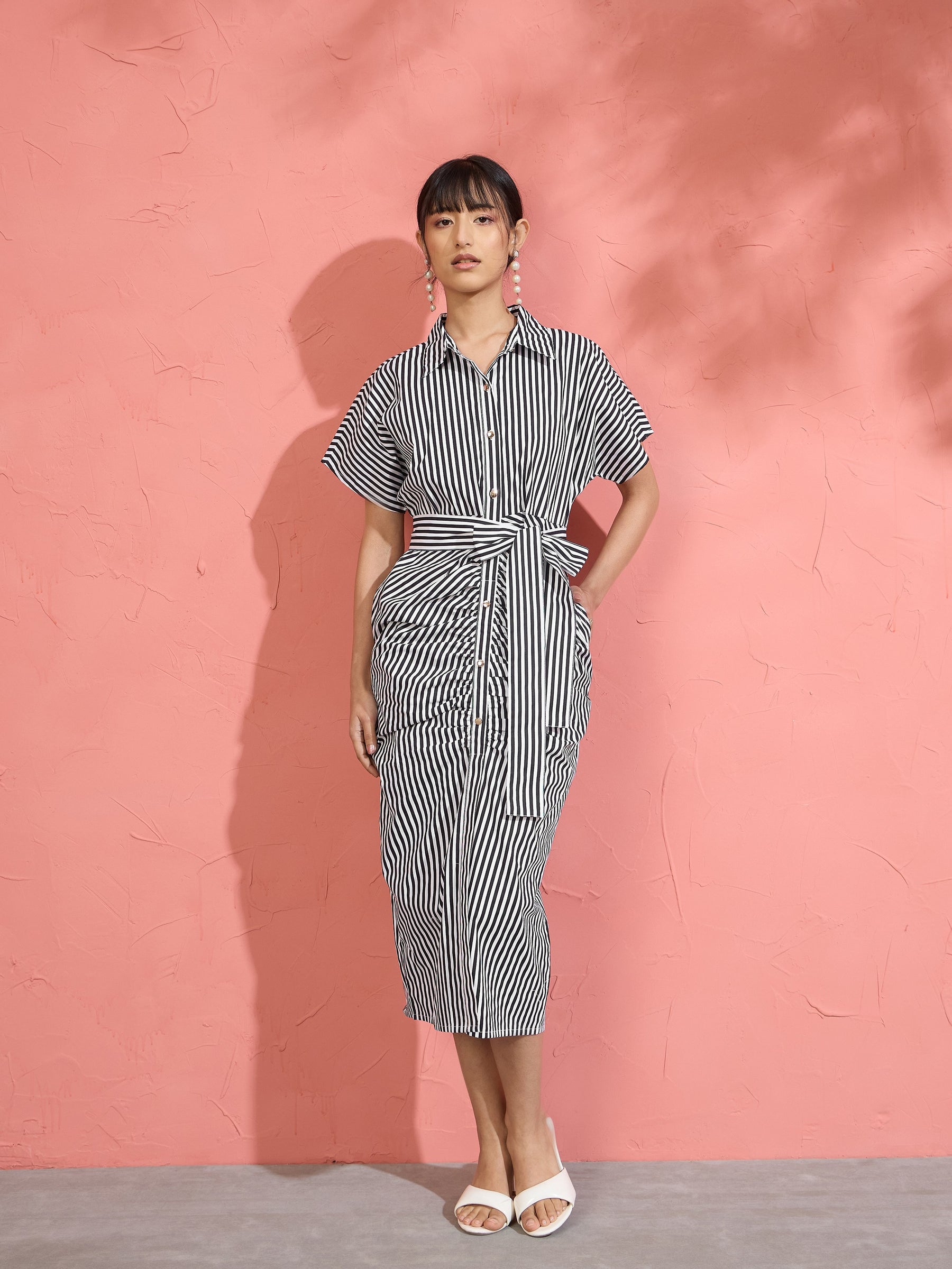 Women Black & White Stripe Front Ruched Midi Dress