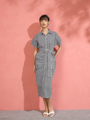 Women Black & White Stripe Front Ruched Midi Dress