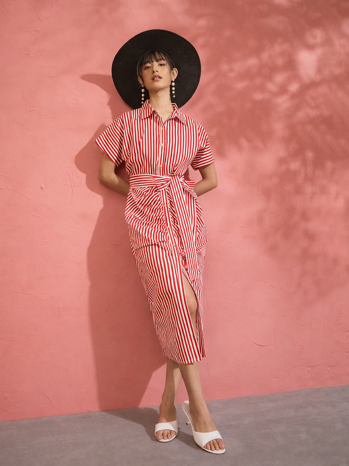 Red & White Stripe Front Ruched Midi Dress-Pink Paprika by SASSAFRAS