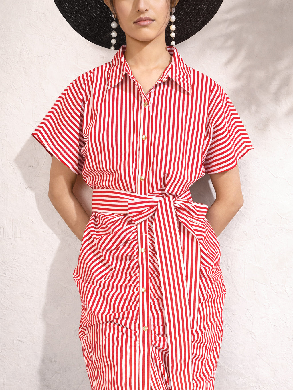 Red & White Stripe Front Ruched Midi Dress-Pink Paprika by SASSAFRAS