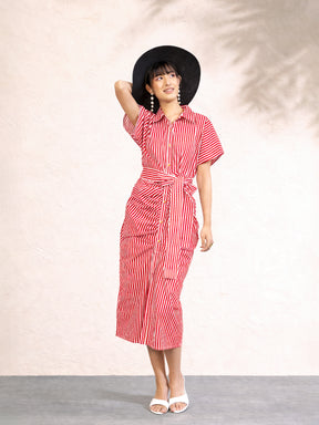 Red & White Stripe Front Ruched Midi Dress-Pink Paprika by SASSAFRAS