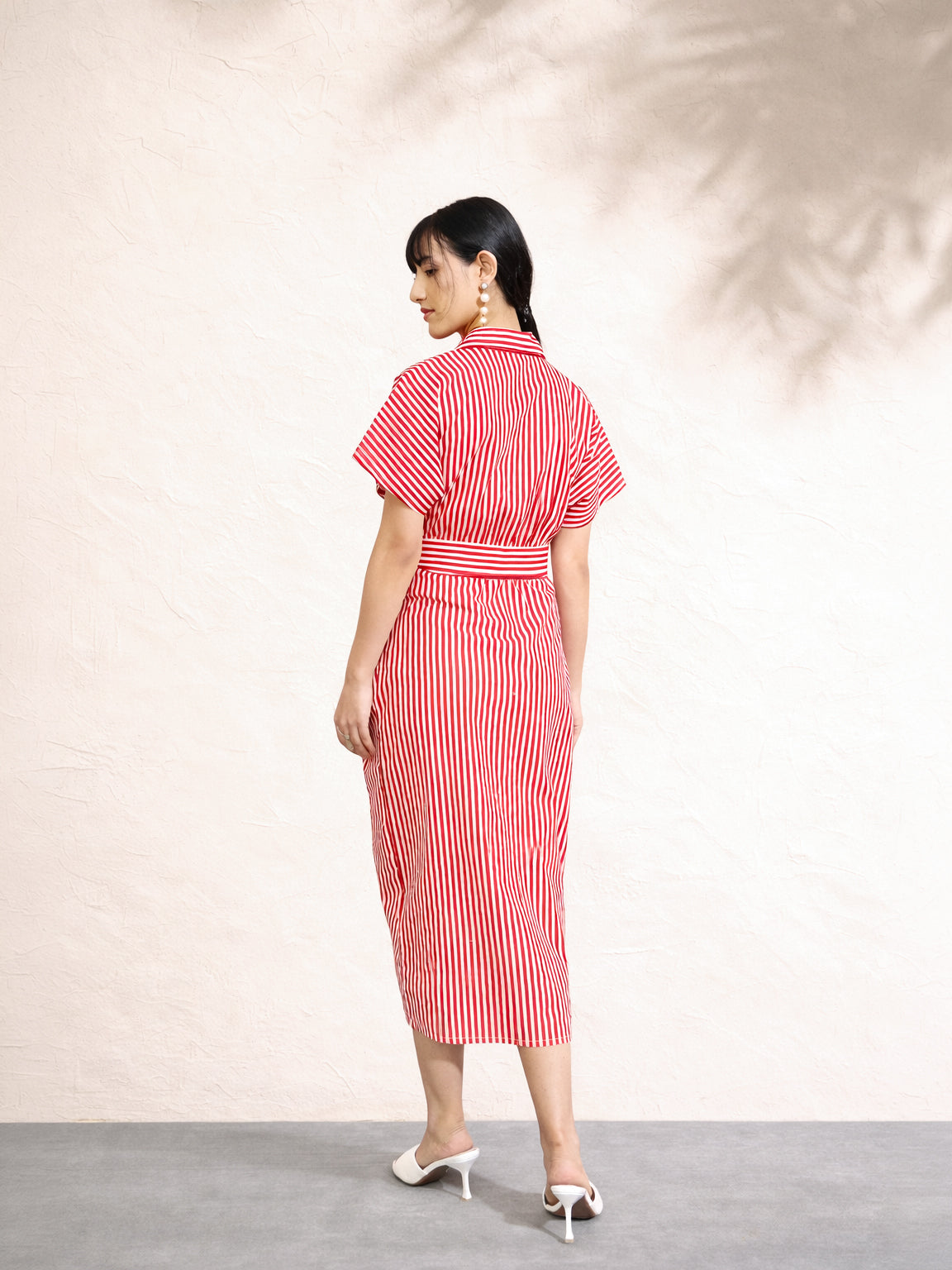 Red & White Stripe Front Ruched Midi Dress-Pink Paprika by SASSAFRAS