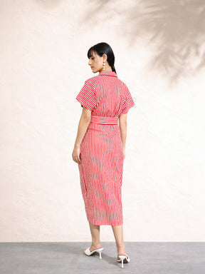 Red & White Stripe Front Ruched Midi Dress-Pink Paprika by SASSAFRAS