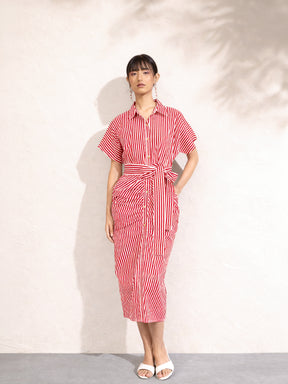 Red & White Stripe Front Ruched Midi Dress-Pink Paprika by SASSAFRAS