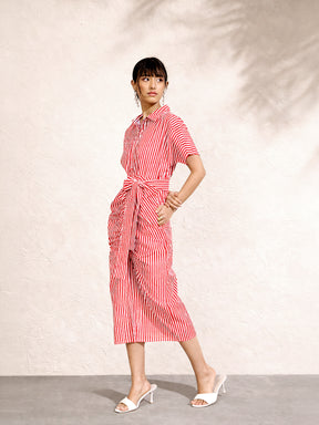 Women Red & White Stripe Front Ruched Midi Dress