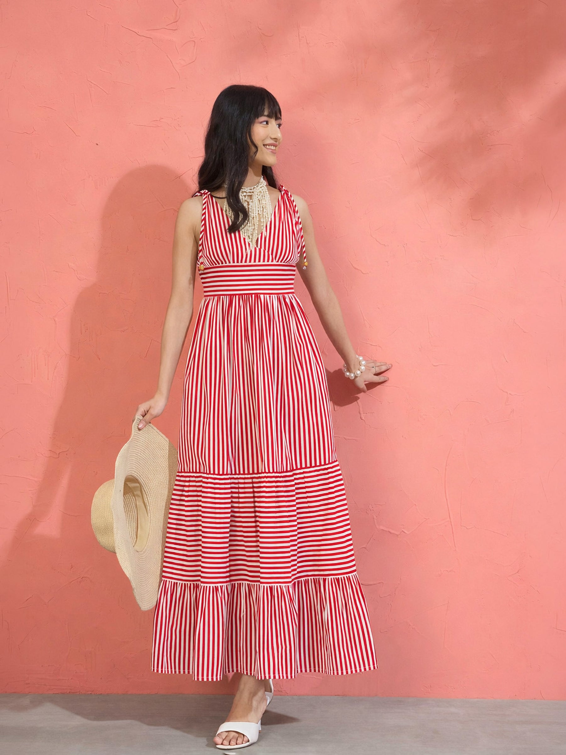 Red & White Stripe Strappy Flared Hem Maxi Dress-Pink Paprika by SASSAFRAS