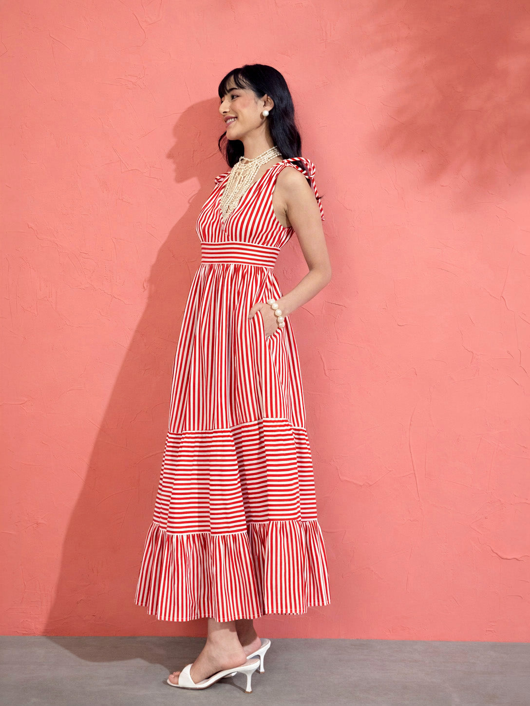 Red & White Stripe Strappy Flared Hem Maxi Dress-Pink Paprika by SASSAFRAS