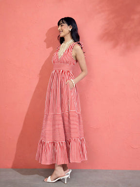 Red & White Stripe Strappy Flared Hem Maxi Dress-Pink Paprika by SASSAFRAS