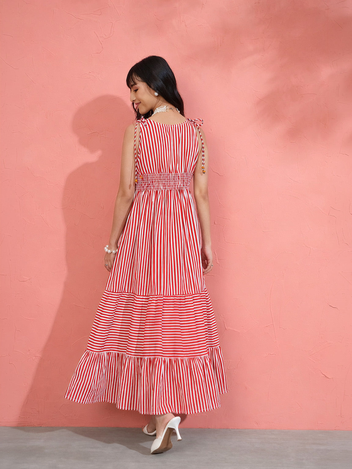 Women Red & White Stripe Strappy Flared Hem Maxi Dress