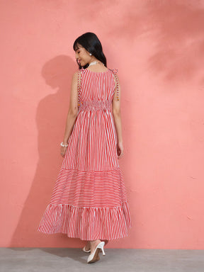 Women Red & White Stripe Strappy Flared Hem Maxi Dress
