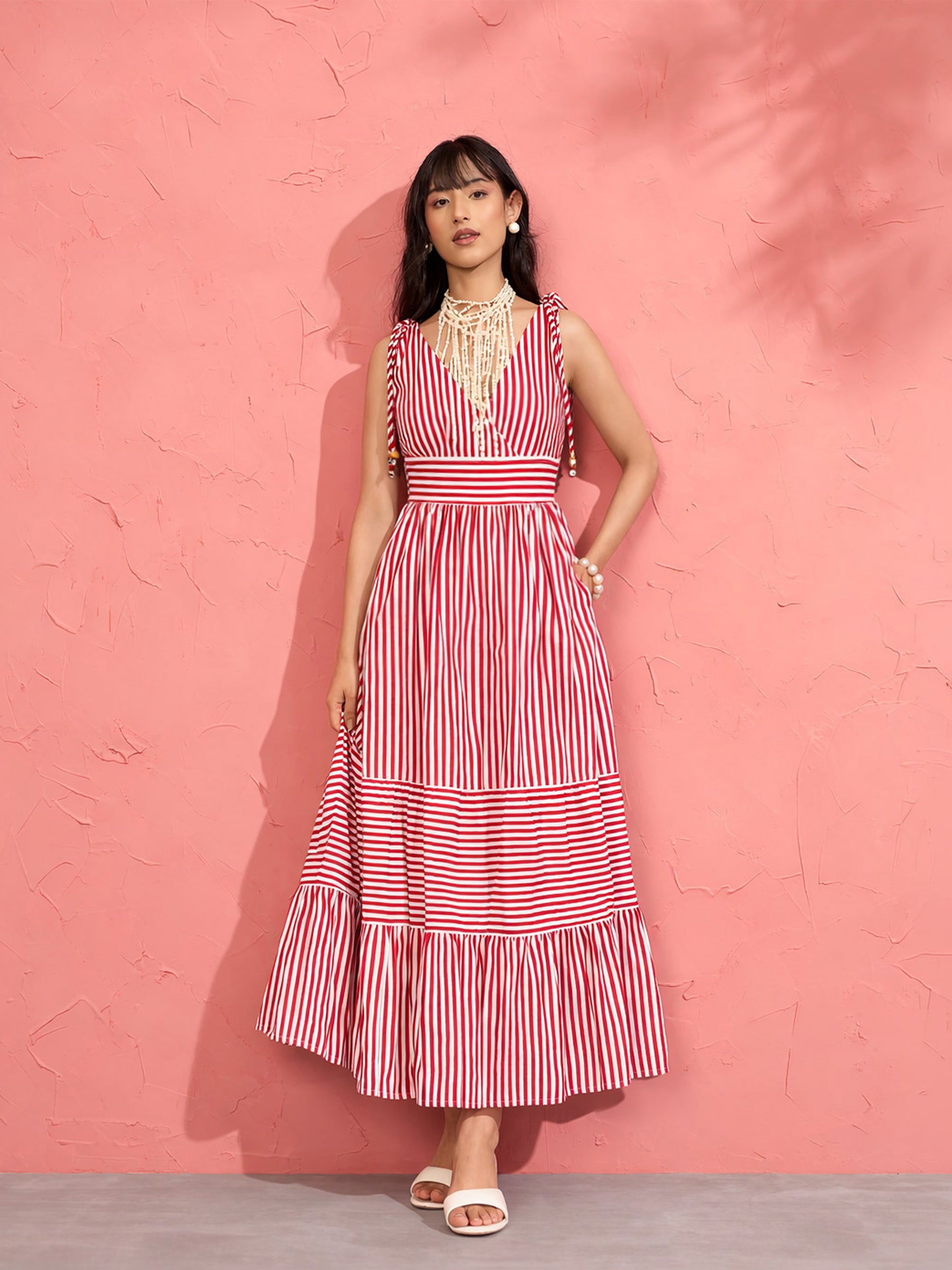 Women Red & White Stripe Strappy Flared Hem Maxi Dress