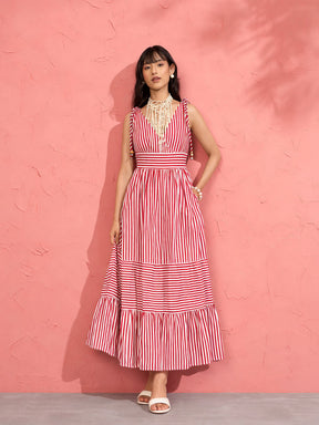 Women Red & White Stripe Strappy Flared Hem Maxi Dress