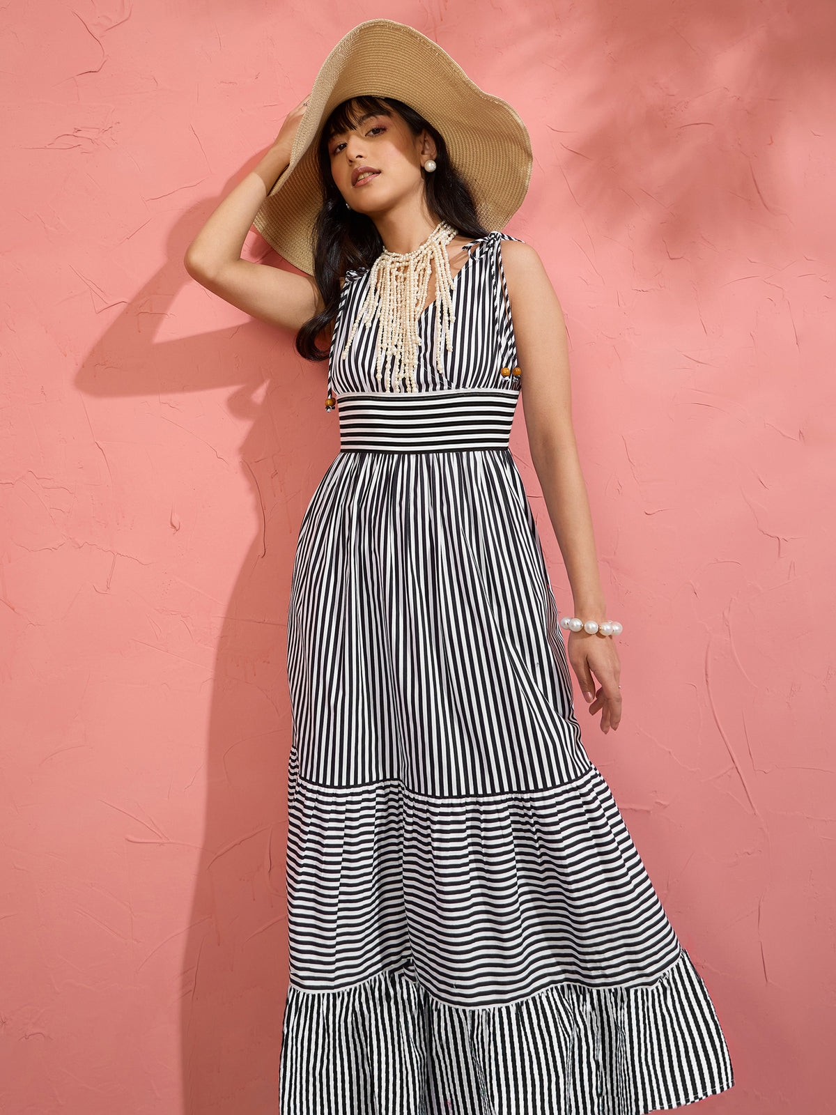 Black & White Stripe Strappy Flared Hem Maxi Dress-Pink Paprika by SASSAFRAS