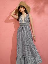 Black & White Stripe Strappy Flared Hem Maxi Dress-Pink Paprika by SASSAFRAS