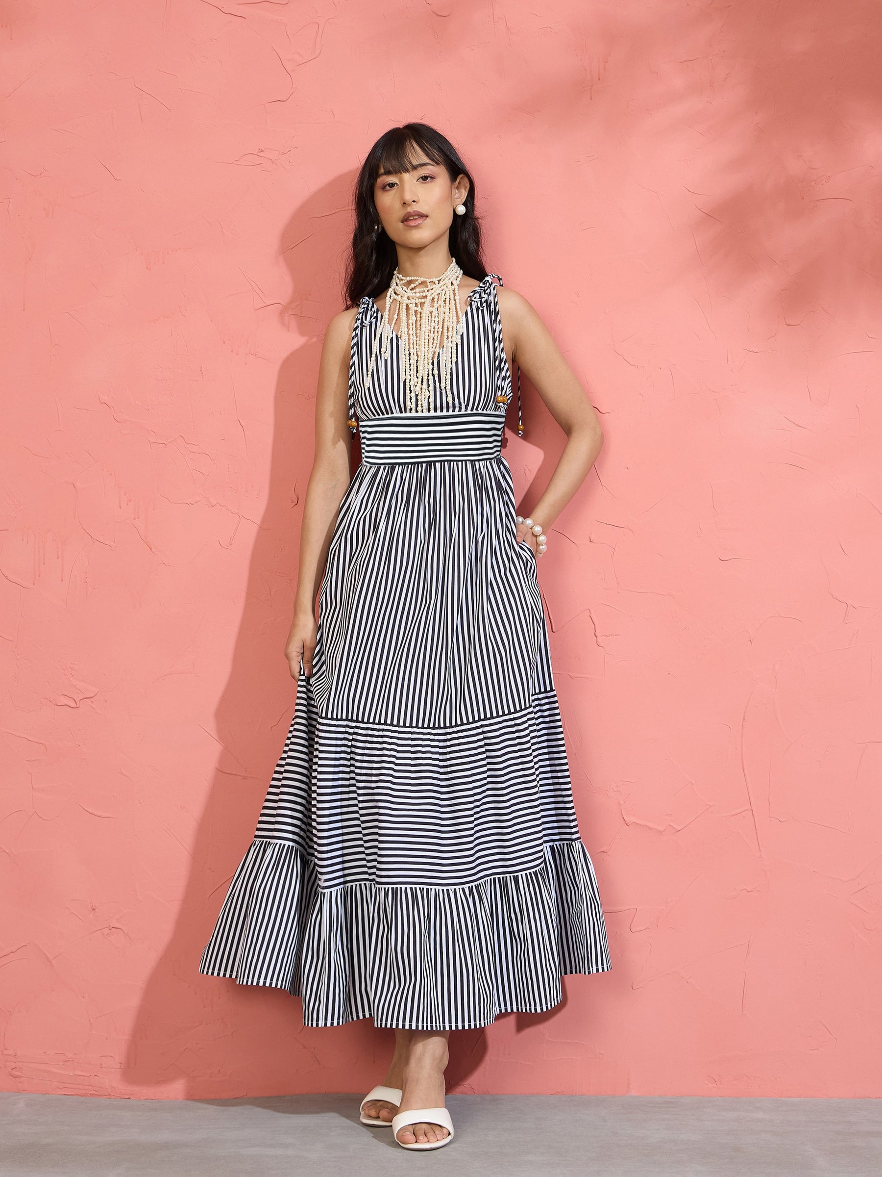 Black & White Stripe Strappy Flared Hem Maxi Dress-Pink Paprika by SASSAFRAS