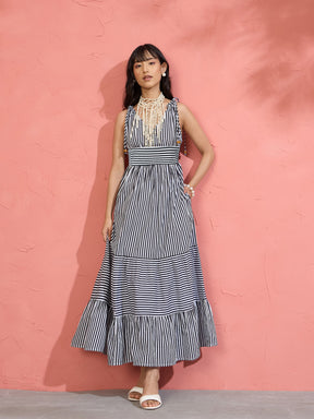 Black & White Stripe Strappy Flared Hem Maxi Dress-Pink Paprika by SASSAFRAS