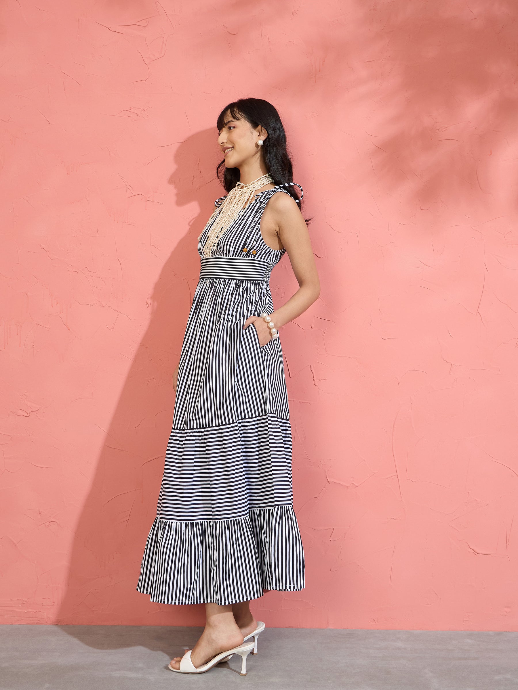 Black & White Stripe Strappy Flared Hem Maxi Dress-Pink Paprika by SASSAFRAS