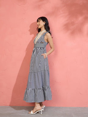Black & White Stripe Strappy Flared Hem Maxi Dress-Pink Paprika by SASSAFRAS