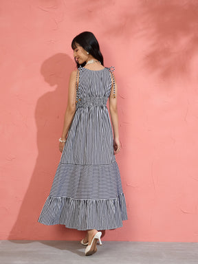 Women Black & White Stripe Strappy Flared Hem Maxi Dress