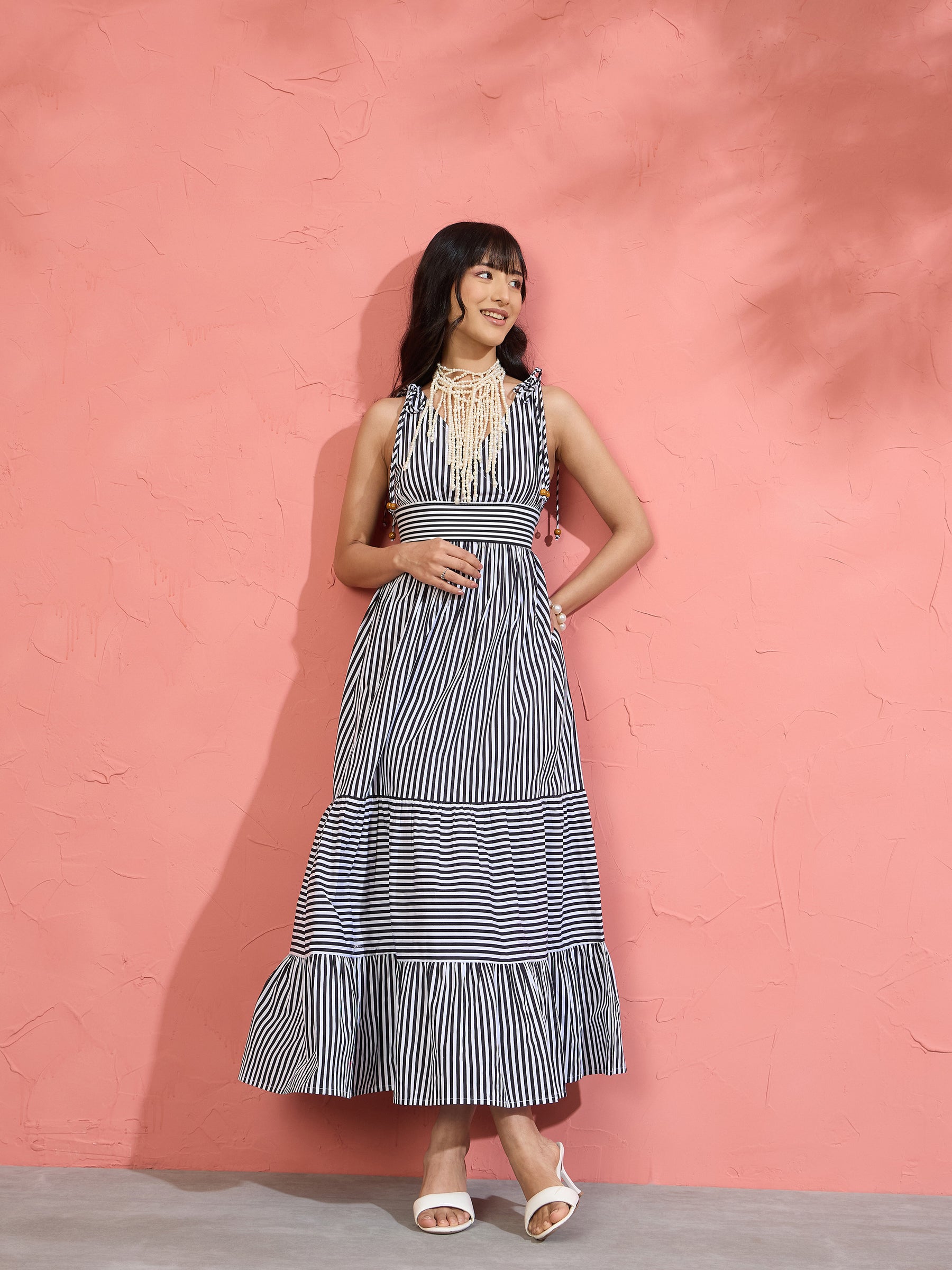 Women Black & White Stripe Strappy Flared Hem Maxi Dress