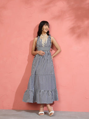 Women Black & White Stripe Strappy Flared Hem Maxi Dress