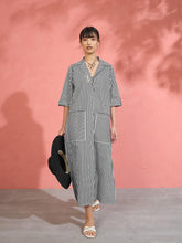 Black & White Stripe Notch Collar Midi Dress-Pink Paprika by SASSAFRAS