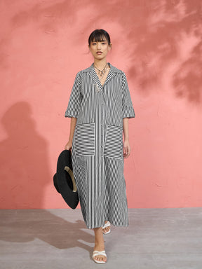 Black & White Stripe Notch Collar Midi Dress-Pink Paprika by SASSAFRAS