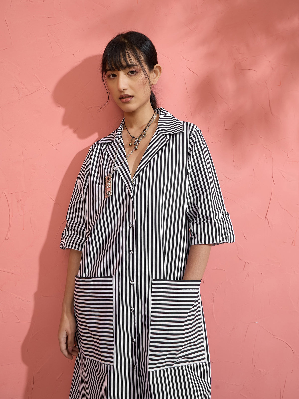 Black & White Stripe Notch Collar Midi Dress-Pink Paprika by SASSAFRAS