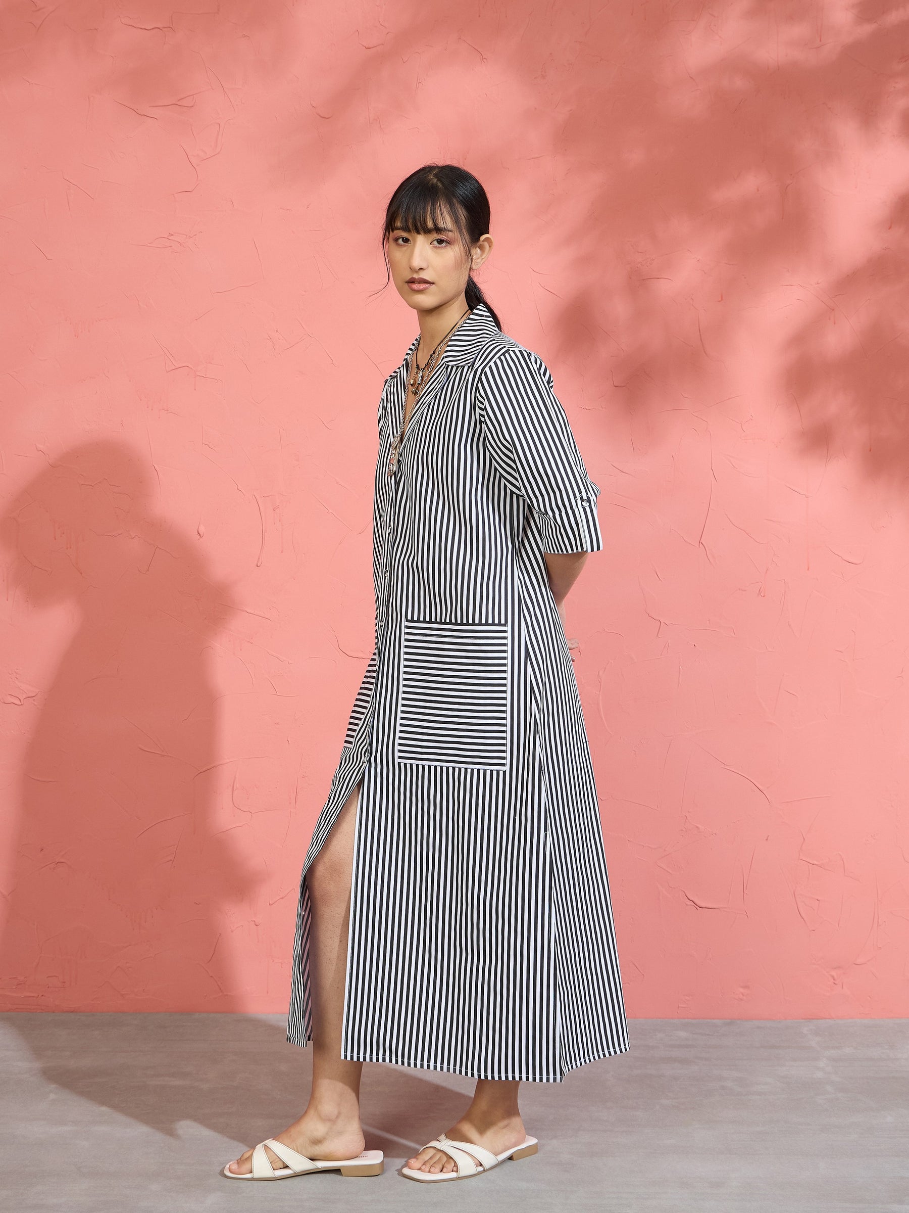 Black & White Stripe Notch Collar Midi Dress-Pink Paprika by SASSAFRAS