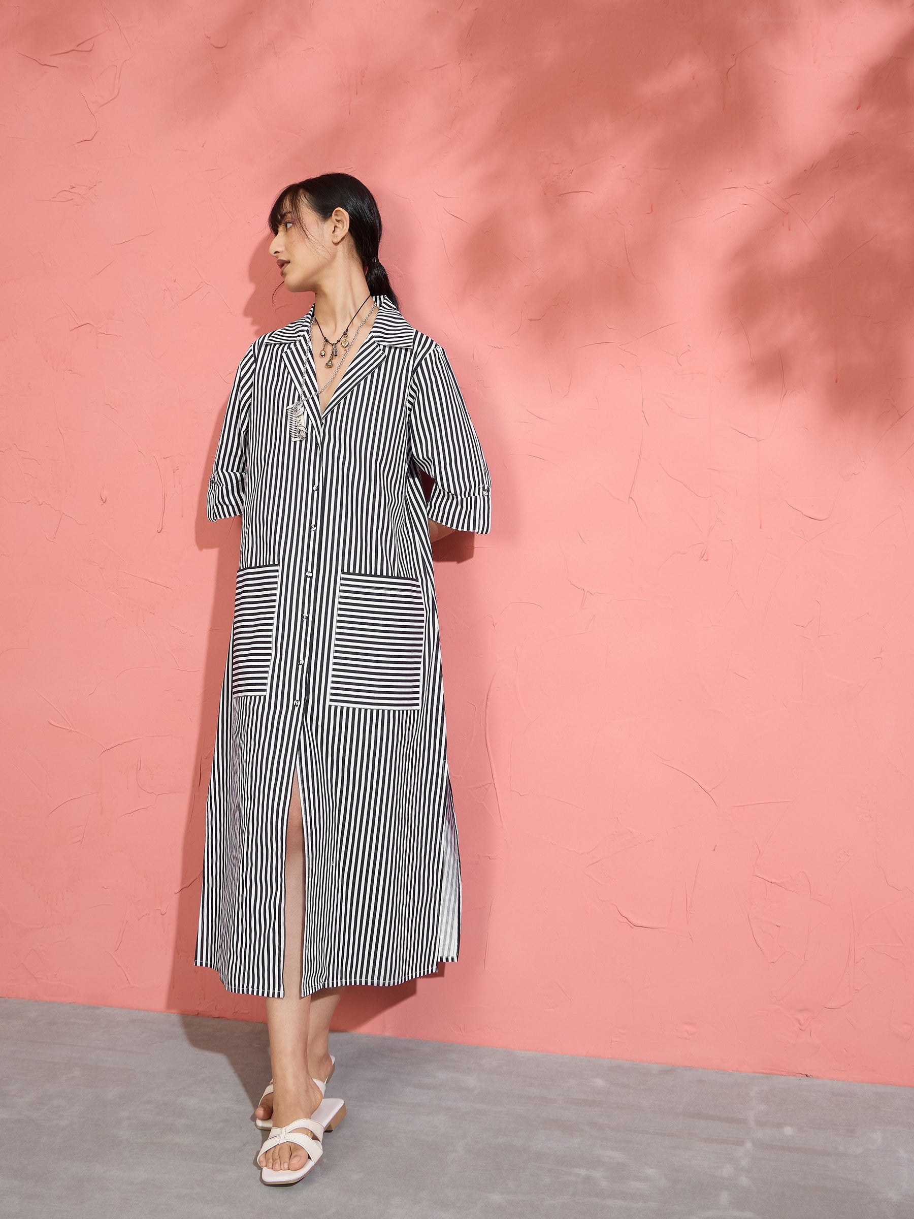 Black & White Stripe Notch Collar Midi Dress-Pink Paprika by SASSAFRAS