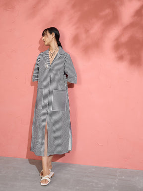 Black & White Stripe Notch Collar Midi Dress-Pink Paprika by SASSAFRAS