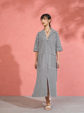 Black & White Stripe Notch Collar Midi Dress-Pink Paprika by SASSAFRAS